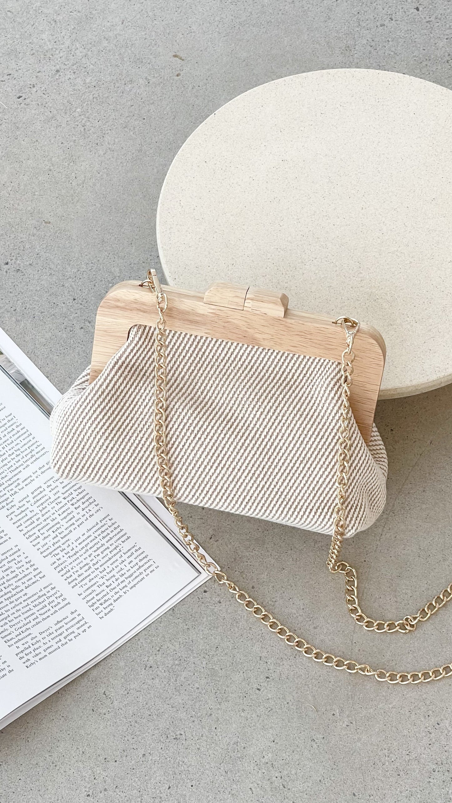 Tessa Fabric Weave Timber Frame Clutch - Camel / Natural