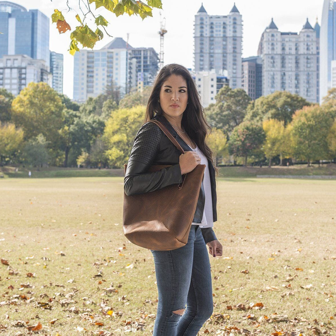 AVERY LEATHER TOTE BAG - SLIM LARGE - PEANUT BISON