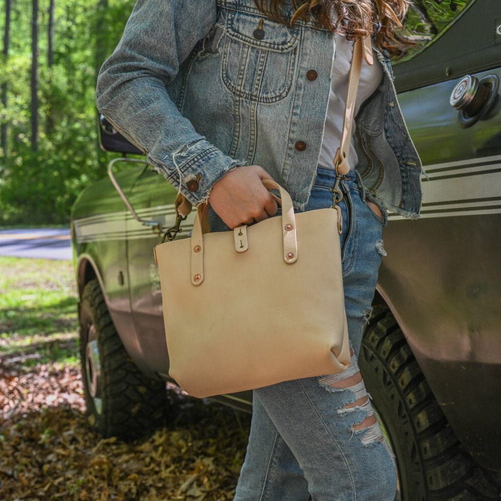 AVERY LEATHER TOTE BAG - MINI CROSSBODY - NATURAL VEG TAN