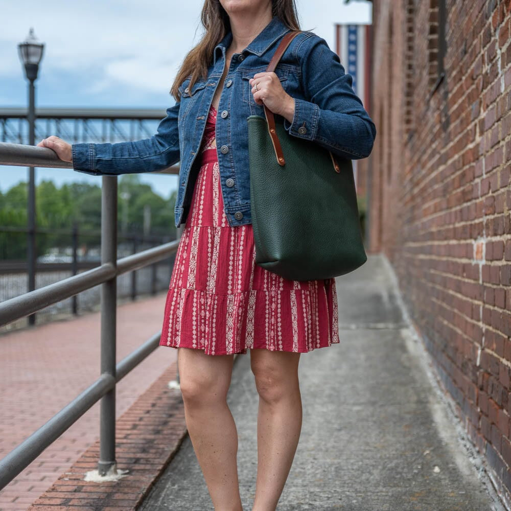 AVERY LEATHER TOTE BAG - SLIM LARGE - FOREST GREEN