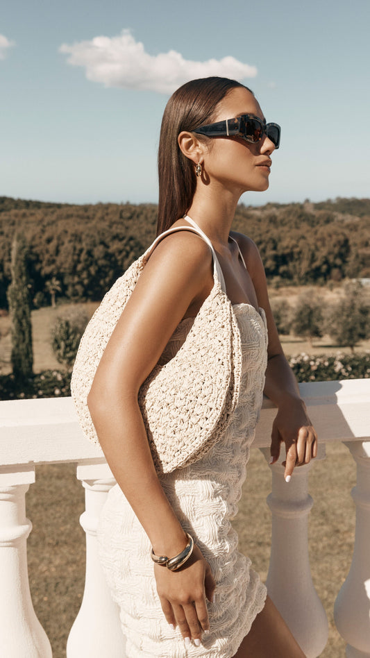 Jasmine Shoulder Bag - Natural Raffia-White