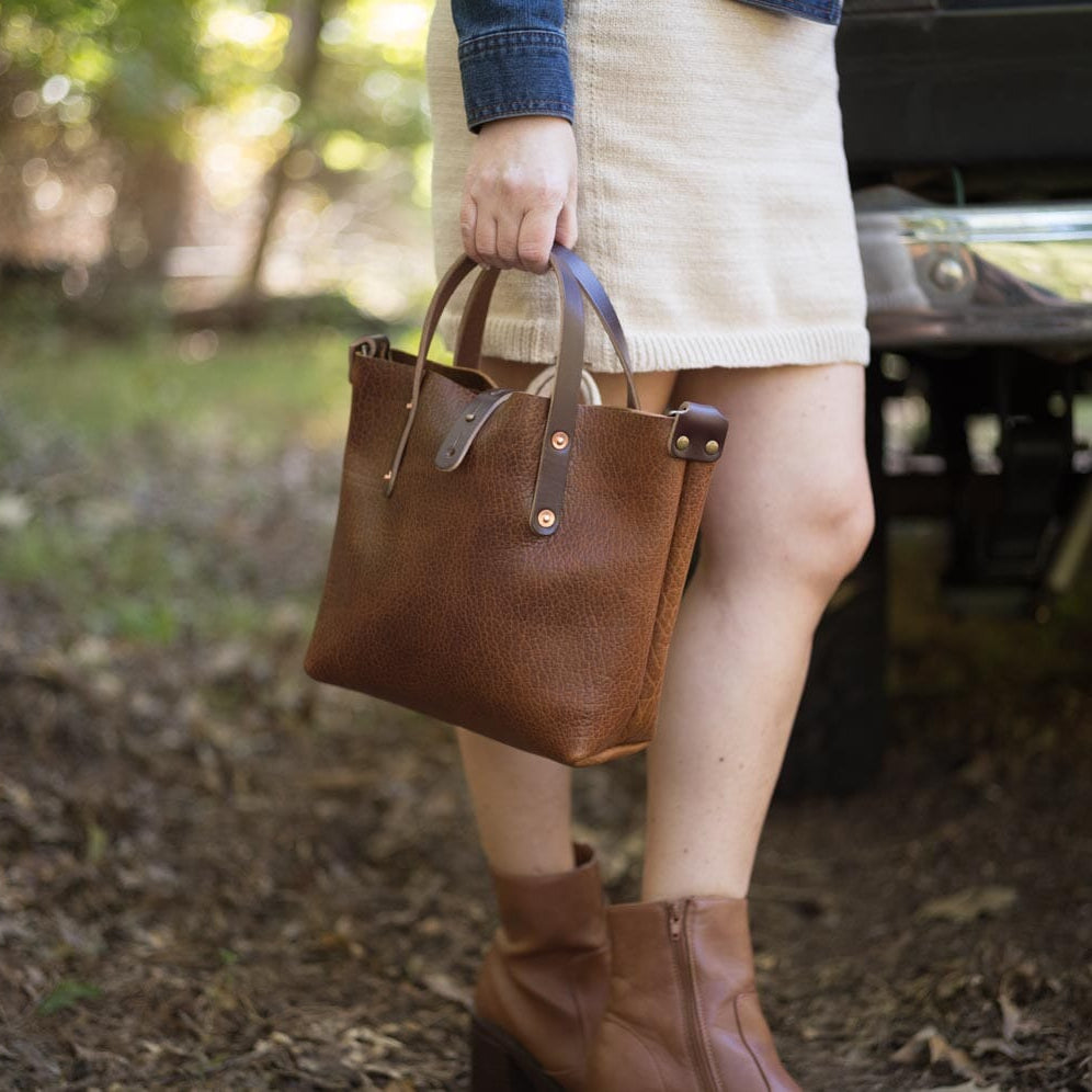 AVERY LEATHER TOTE BAG - MINI CROSSBODY - COGNAC BISON