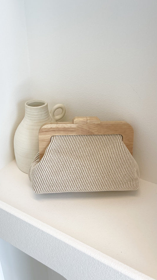 Tessa Fabric Weave Timber Frame Clutch - Camel / Natural