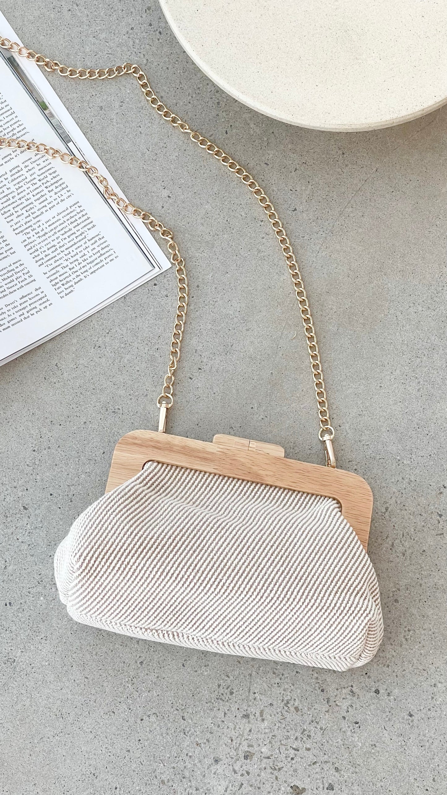 Tessa Fabric Weave Timber Frame Clutch - Camel / Natural
