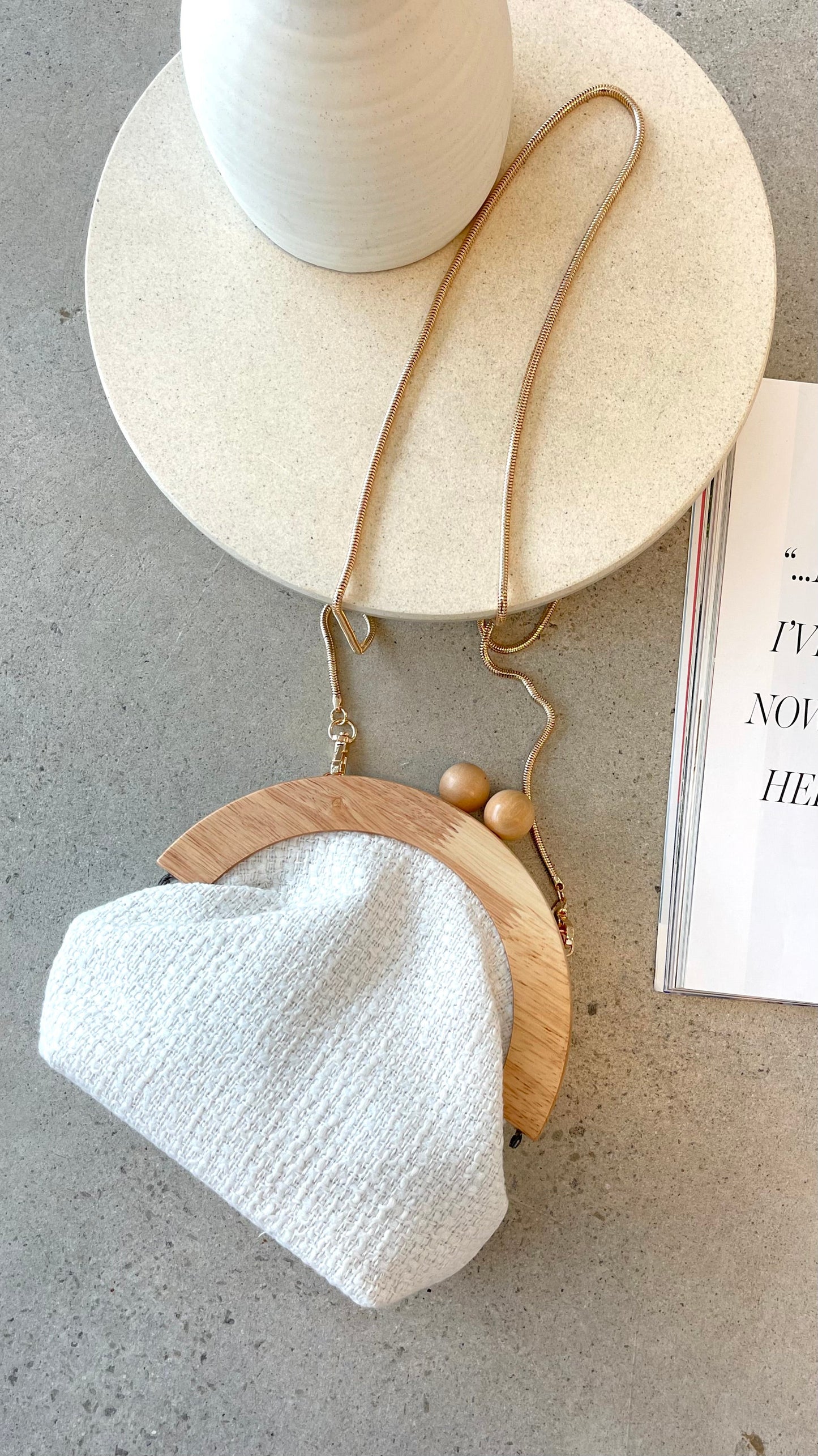 Etta Tweed Timber Frame Clutch - White