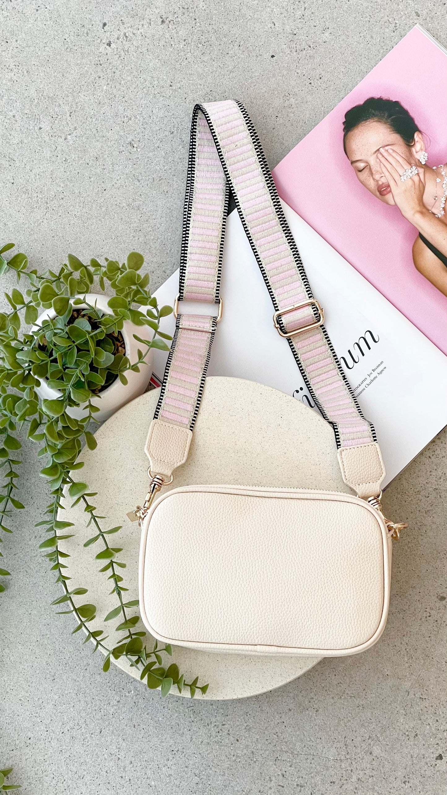Bella Striped Webbing Camera Bag - Cream / Pink
