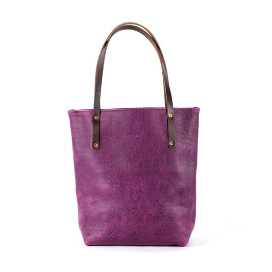 AVERY LEATHER TOTE BAG - SLIM LARGE - GRAPE BISON