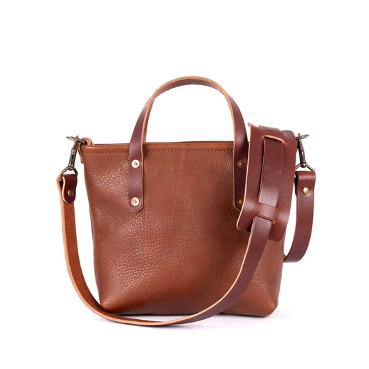 AVERY LEATHER TOTE BAG - MINI CROSSBODY - SADDLE WITH ZIPPER - IN STOCK