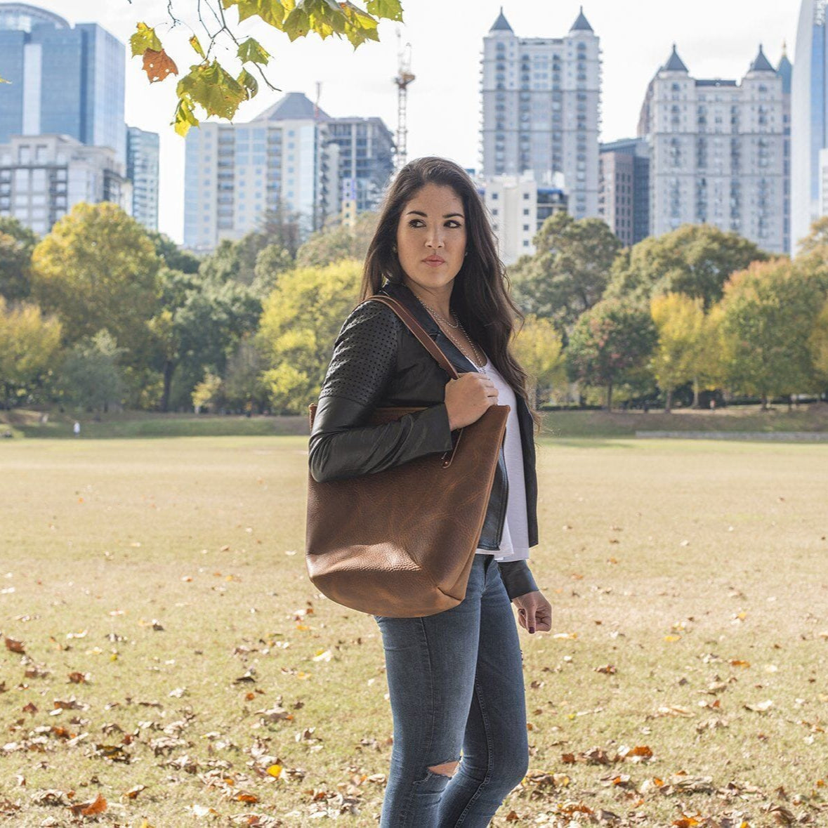 AVERY LEATHER TOTE BAG - SLIM LARGE - CARAMEL